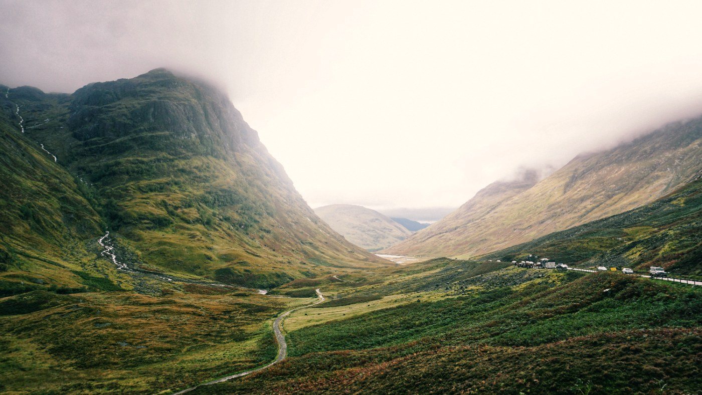 The A82 threading through the Glencoe valley beneath the Three Sisters
