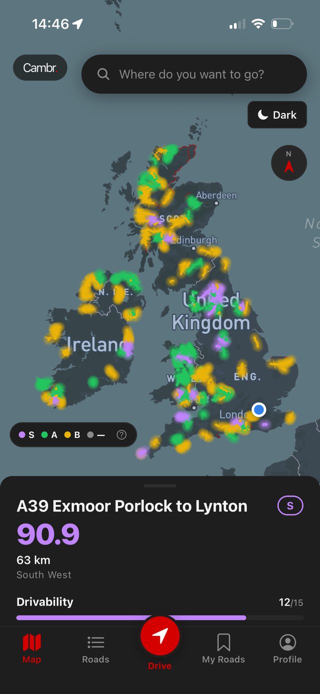 The Cambr app showing ranked roads across the UK on a dark map, with the A39 Exmoor road scored 90.9