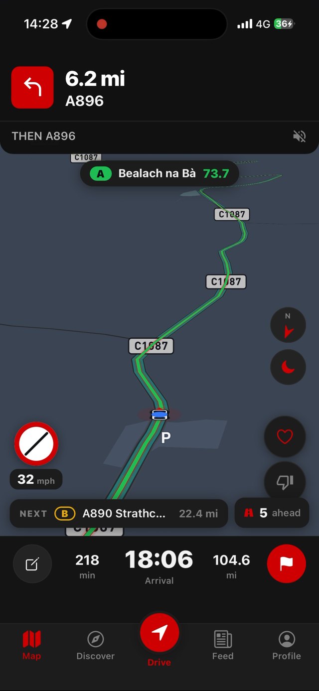 Cambr navigating a drive in the Highlands, with Bealach na Bà scored 73.7 marked ahead on the route