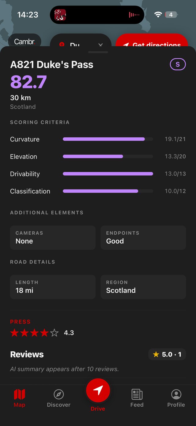 The Cambr score breakdown for the A821 Duke's Pass: 82.7, an S-tier road, with every signal scored