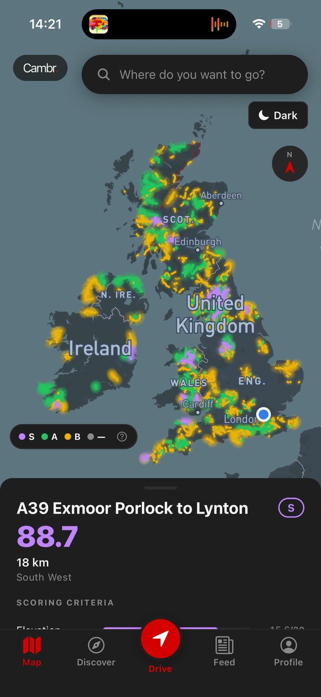 The Cambr app showing ranked roads across the UK on a dark map, with the A39 Exmoor road scored 88.7