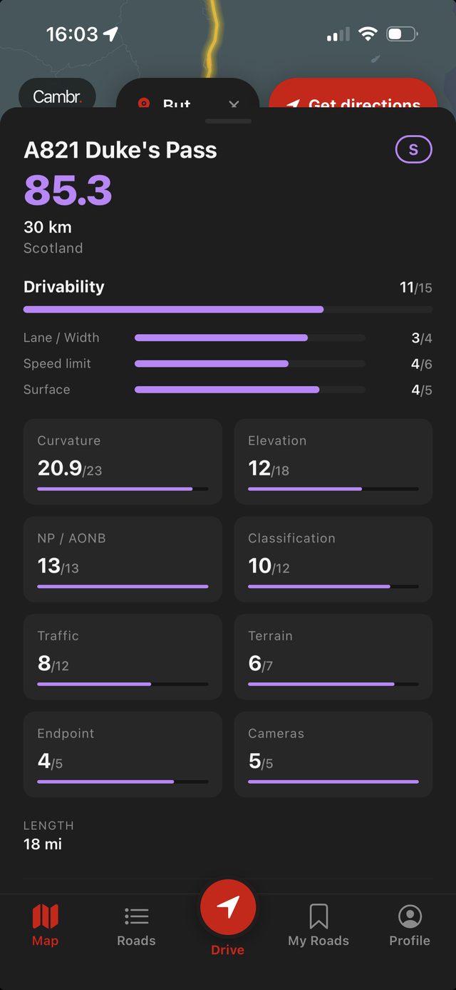 The Cambr score breakdown for the A821 Duke's Pass: 85.3, an S-tier road, with every signal scored
